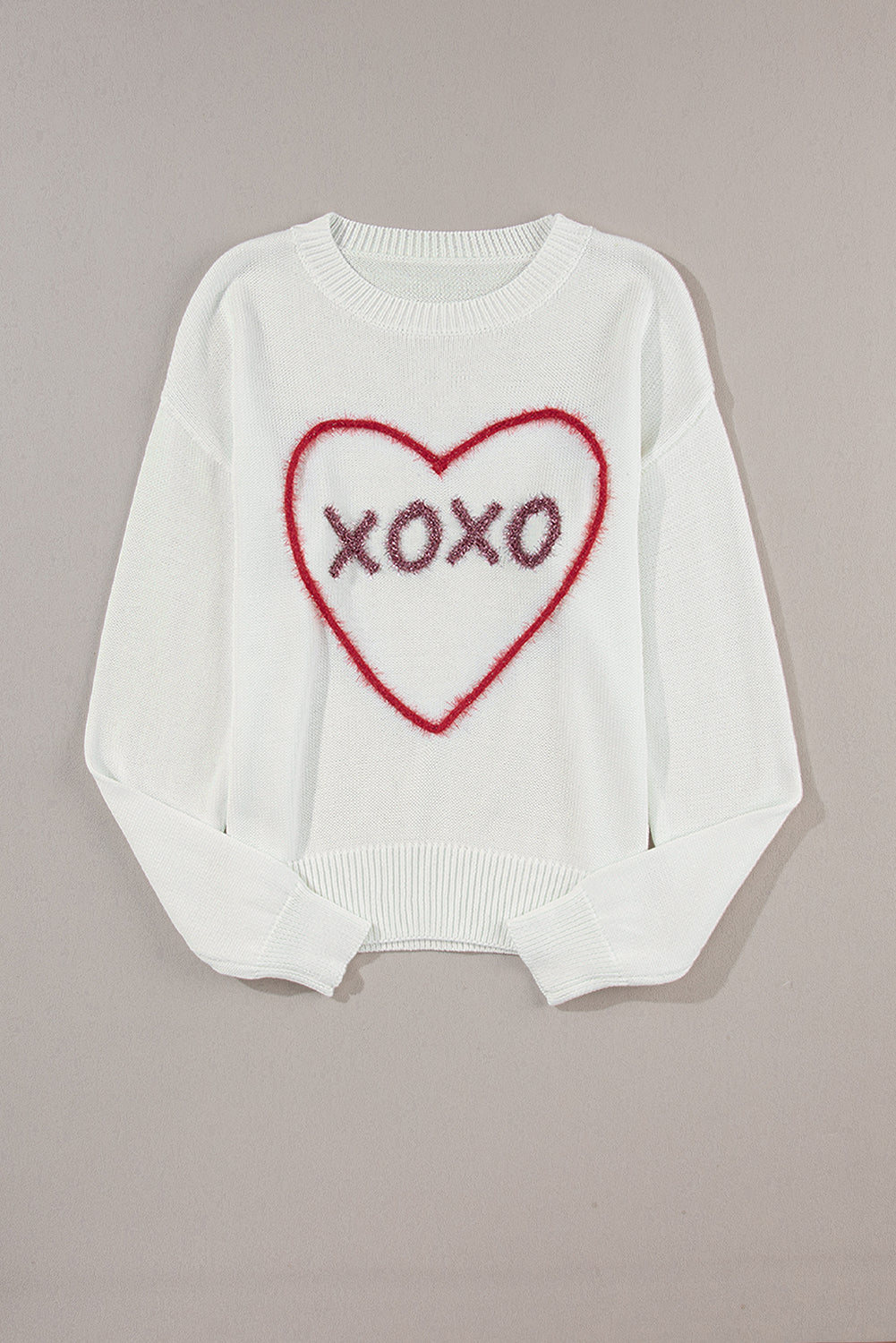 Heart Xoxo Pattern Drop Shoulder Rib Knit Sweater | White