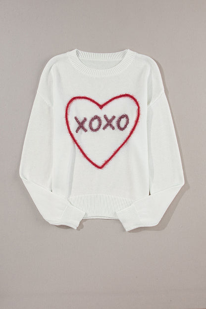 Heart Xoxo Pattern Drop Shoulder Rib Knit Sweater | White