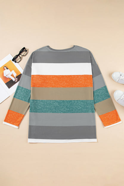 Plus Size Colourblock Pullover Top | Green Stripe