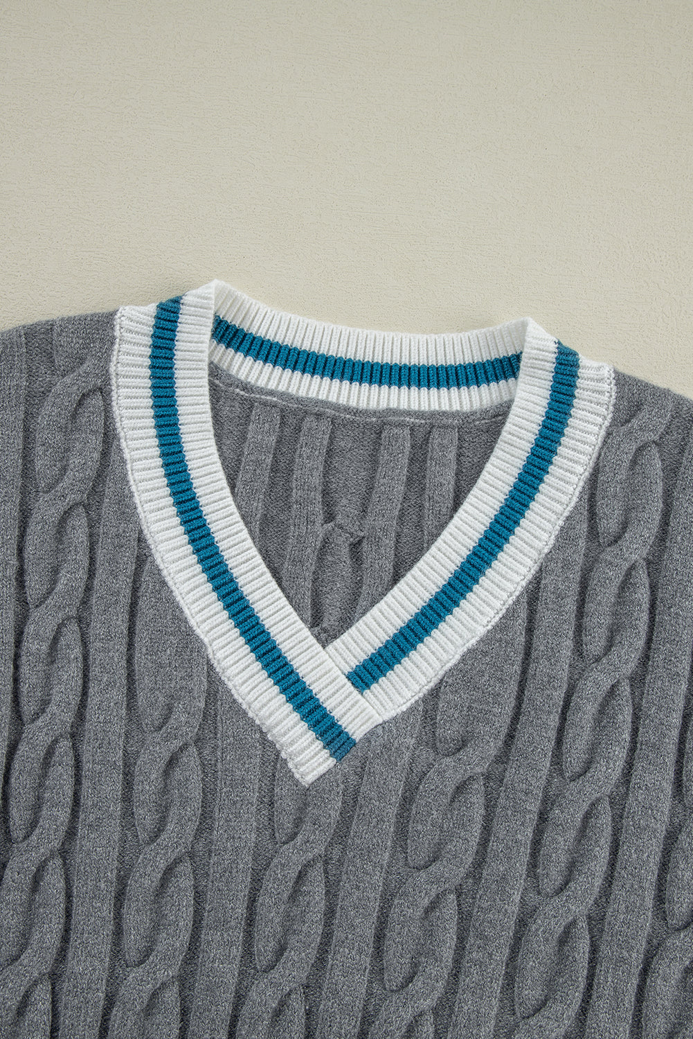 Colour Contrast Ribbed Edge Cable Knit V Neck Sweater | Medium Grey