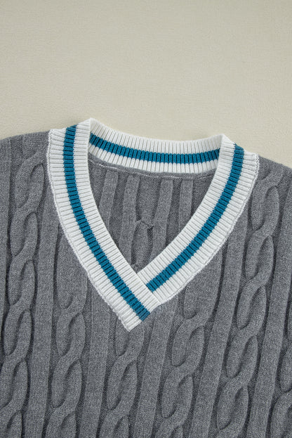 Colour Contrast Ribbed Edge Cable Knit V Neck Sweater | Medium Grey