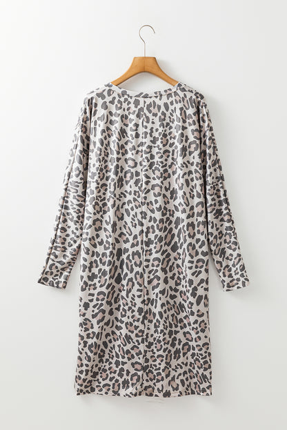 Leopard Print V Neck Loose Fit Mini Dress | Gray