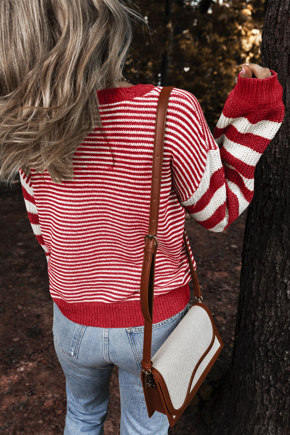 Geometric Textured Drop Shoulder Sweater | Red Stripe