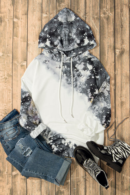 Bleached Tie Dye Kangaroo Pocket Drawstring Hoodie | Gray