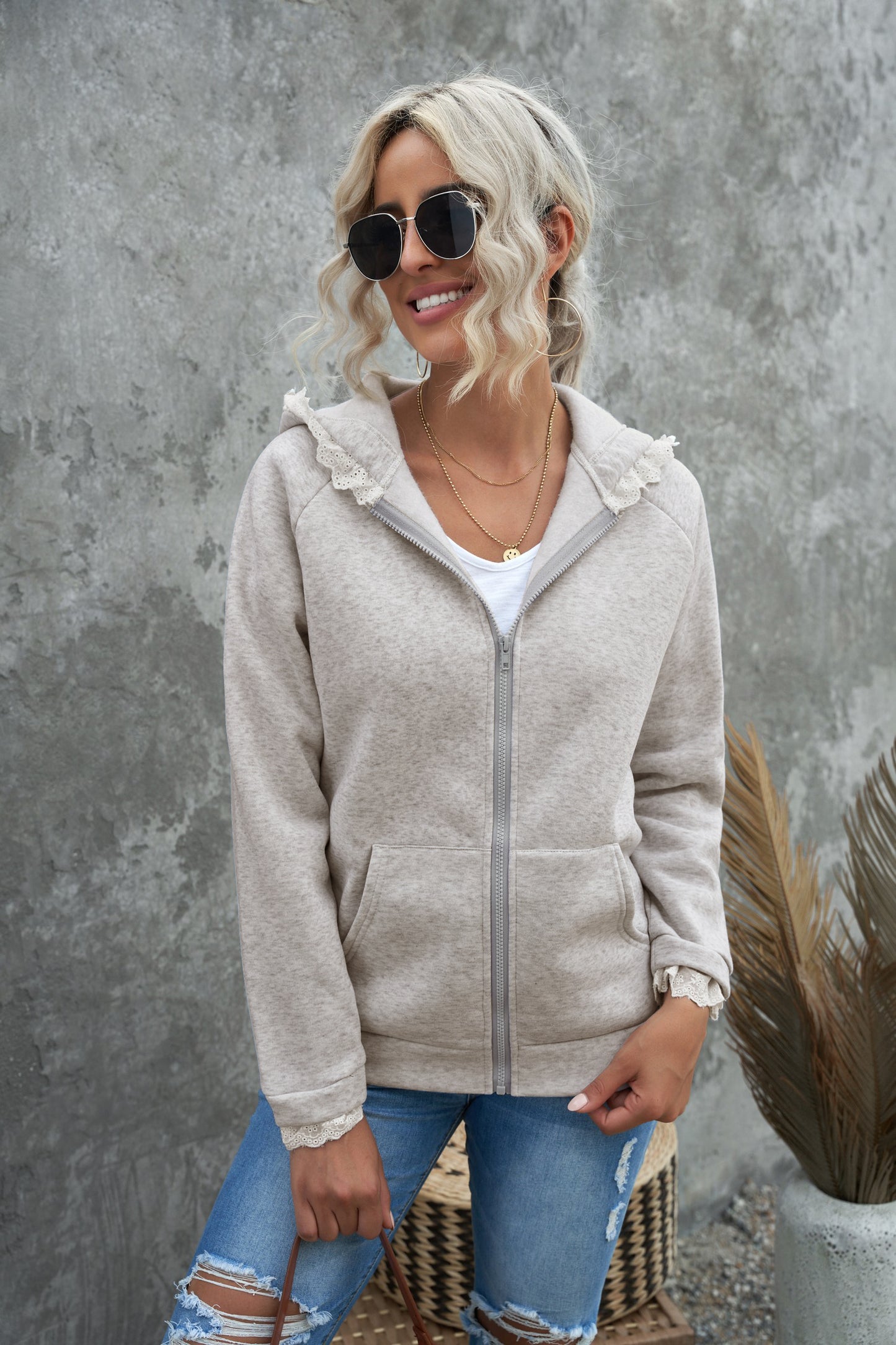 Zip-Up Lace Trim Hooded Coat | Gray