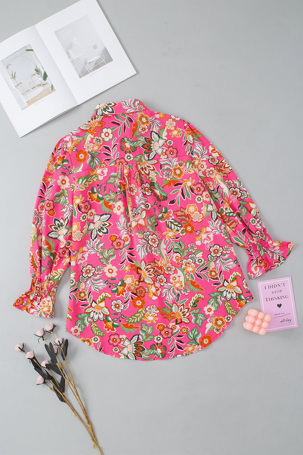 Floral Print Smocked Cuff Puff Sleeve Shirt | Strawberry Pink