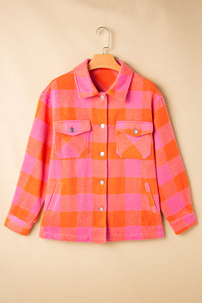 Plaid Chest Pockets Button-Up Turn Down Collar Jacket | Orange