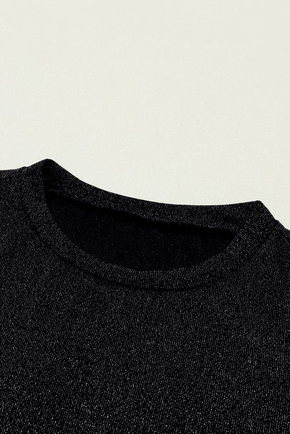 Glitter Round Neck Long Sleeve Top | Black