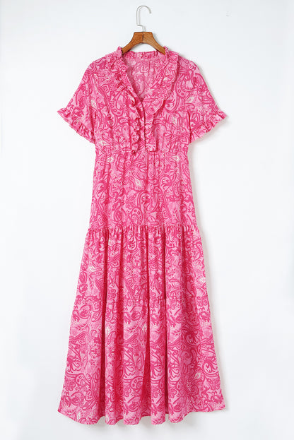 Paisley Print Boho Holiday Ruffle Tiered Maxi Dress | Pink