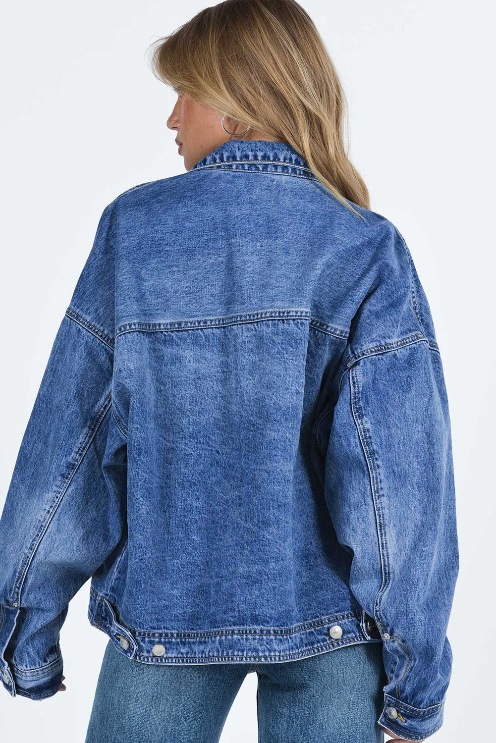 Chest Pockets Drop Shoulder Loose Denim Jacket | Blue