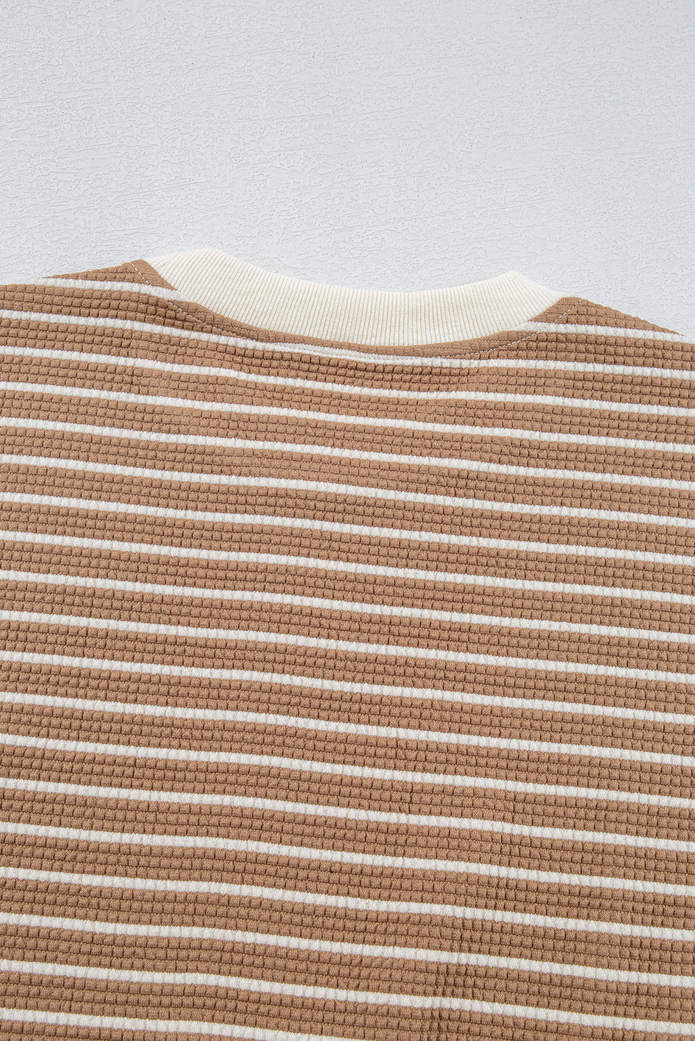 Patched Edge Textured Round Neck Long Sleeve Top | Khaki Stripe