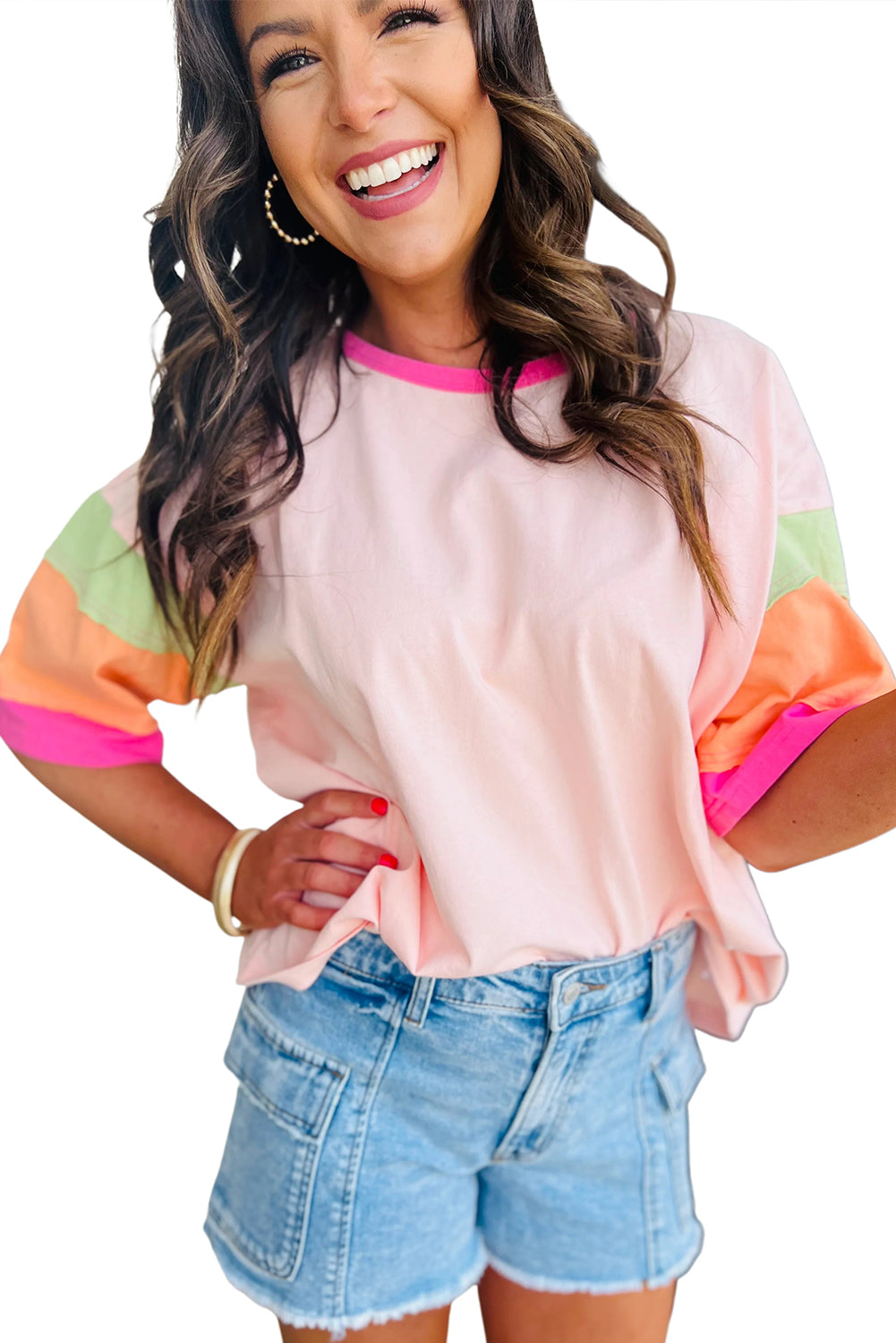 Colour Block Stitching Sleeve Round Neck Oversize Top | Pink