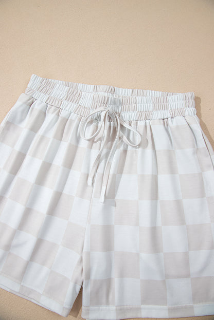 Checkered V Neck Tee Drawstring Shorts Lounge Set | Beige