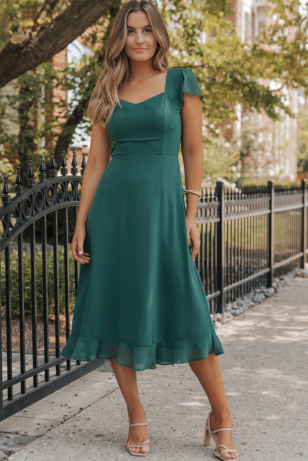 Shirred Open Back Sweetheart Neck Ruffled Midi Dress | Sea Green