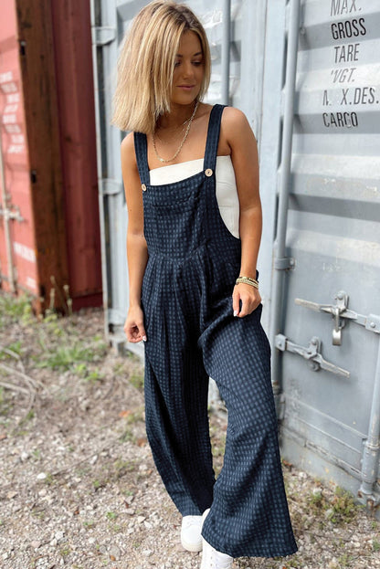 Plaid Print Buttoned Pocketed High Waist Overall | Sail Blue