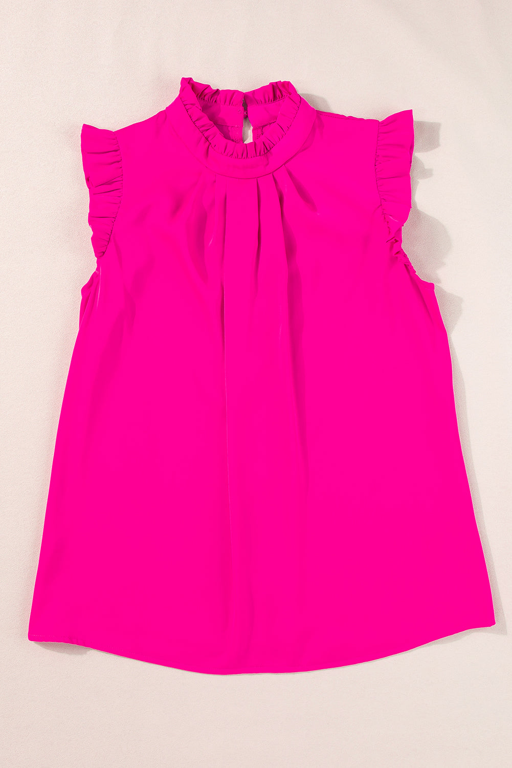 Pleated Mock Neck Frilled Trim Sleeveless Top | Bright Pink