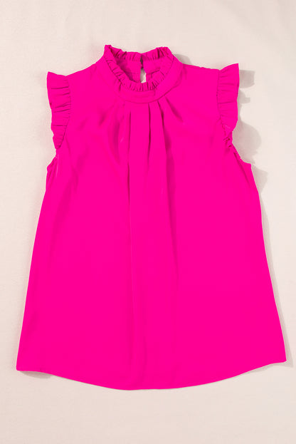 Pleated Mock Neck Frilled Trim Sleeveless Top | Bright Pink