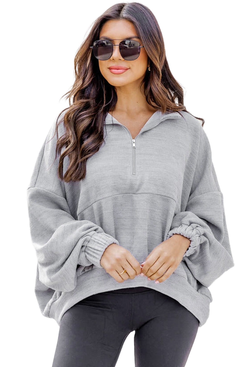 Ultra Loose Dolman Sleeve Quarter Zip Sweatshirt | Gray