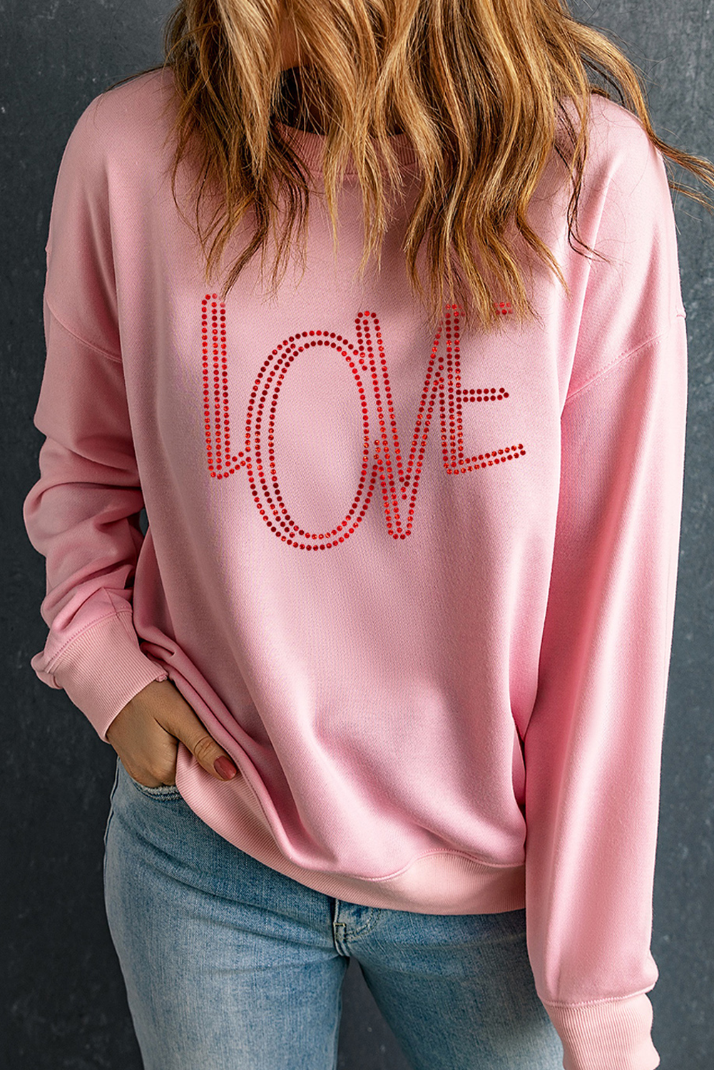 Love Graphic Drop Shoulder Valentines Pullover Sweatshirt | Pink