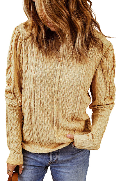 Solid Colour Puffy Sleeve Textured Knit Top | Khaki