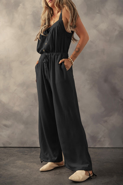 Knotted Straps Button Textured Drawstring Jumpsuit | Black