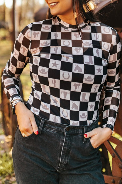 Checkerboard Western Elements Printed Mesh Long Sleeve Top | Black