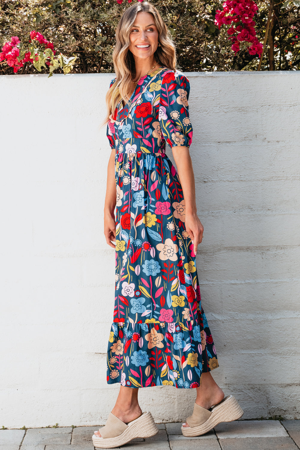 Retro Floral Printed Split Neck Maxi Dress | Green