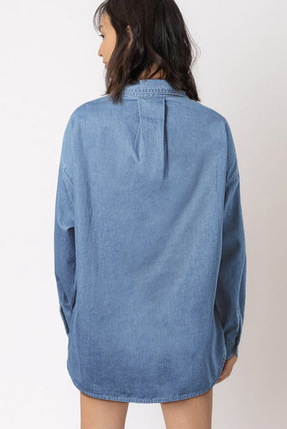 Solid Colour Oversized Patched Pocket Buttoned Shirt | Beau Blue