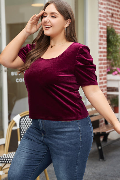 Velvet Bubble Sleeve U Neck Plus Size Top | Burgundy