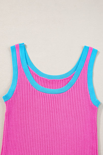 Colourblock Edge Ribbed Knit U Neck Tank Top | Bright Pink