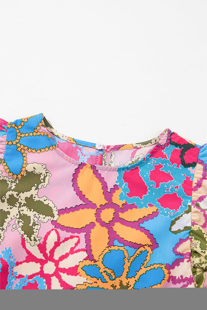 Vibrant Floral Print Trimmed Ruffle Sleeve Blouse | Multicolour