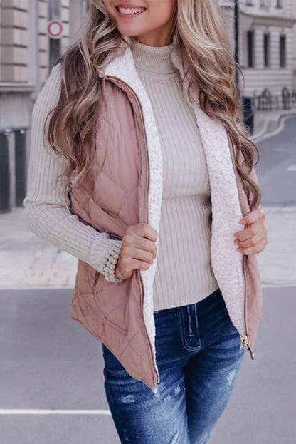 Pink Fleece Lined Quilted Vest Coats | Smoke Gray