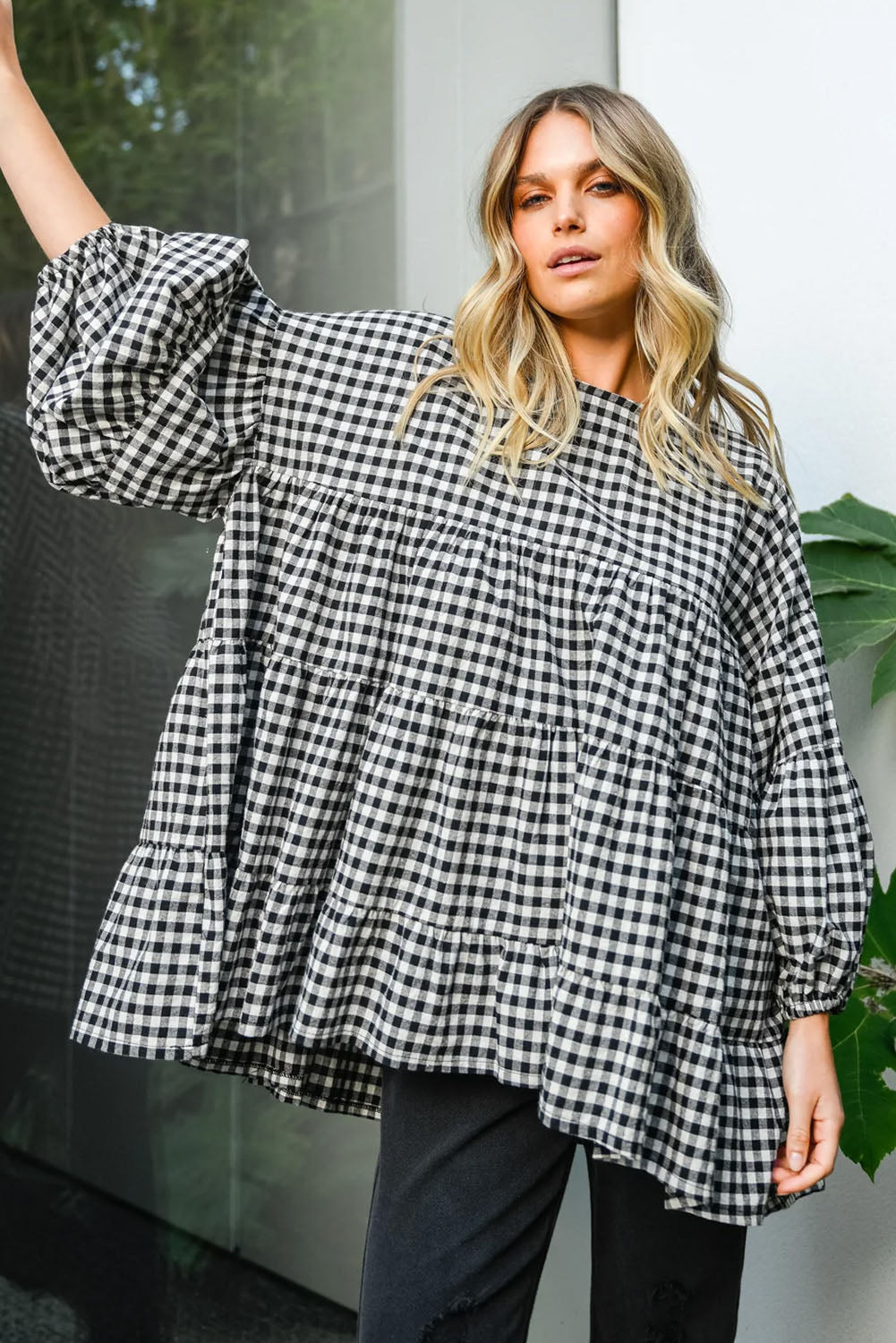 Checkered Puff Sleeve Tiered Loose Babydoll Blouse | Black