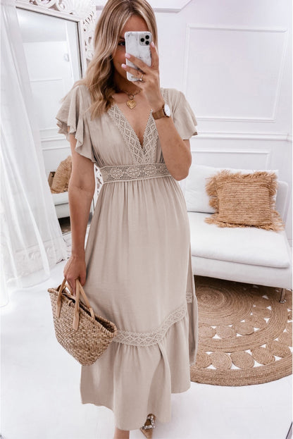 Lace V Neck Ruffled Sleeve Empire Waist Dress | Oatmeal