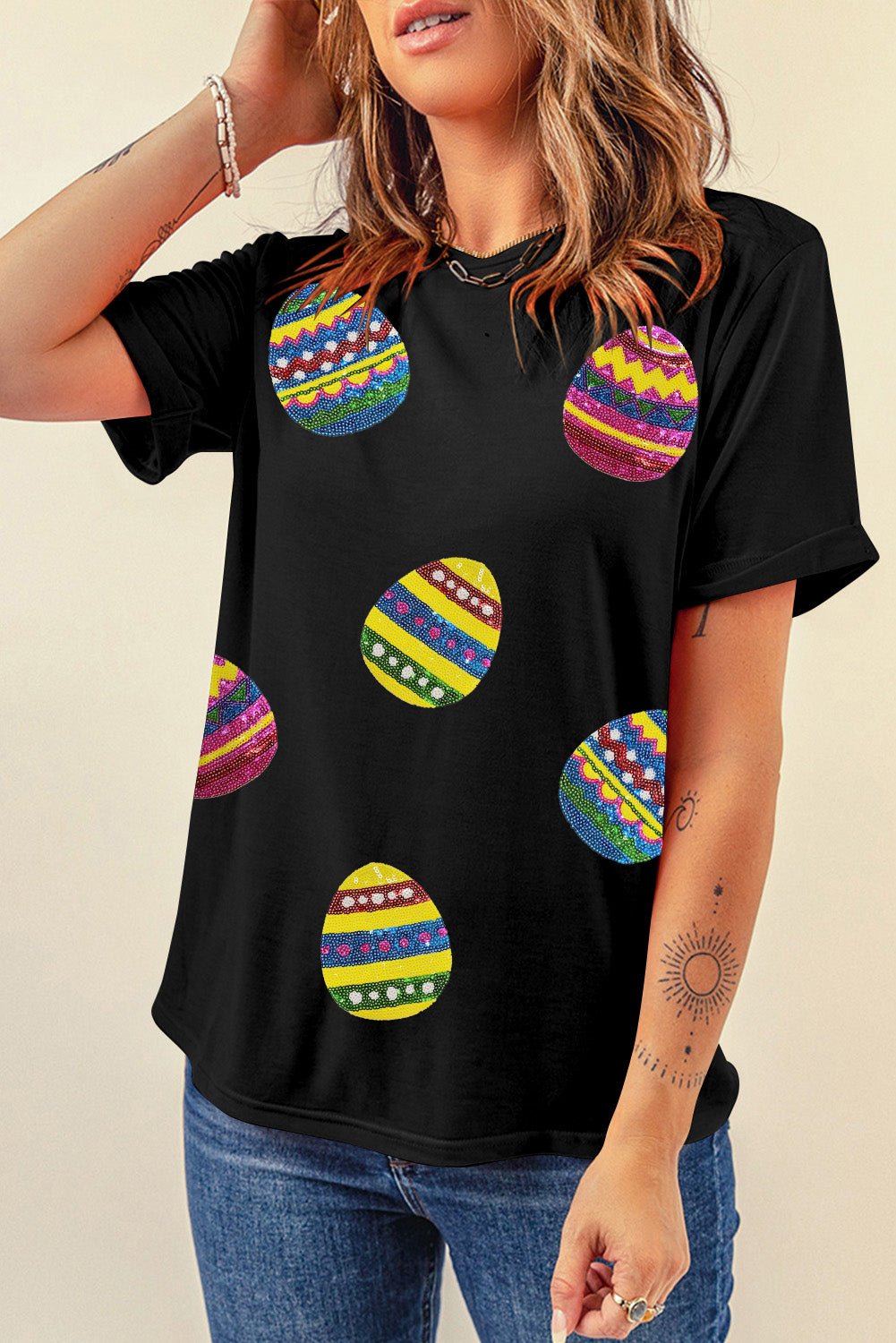 Shimmer Easter Eggs Print T-Shirt | Black