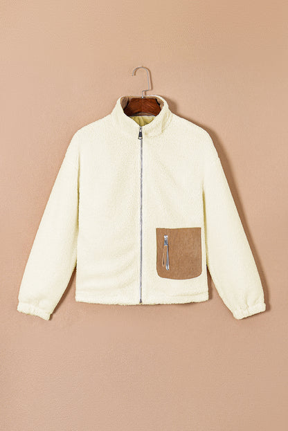 White Contrast Patched Pocket Zipped Sherpa Jacket | Bright White