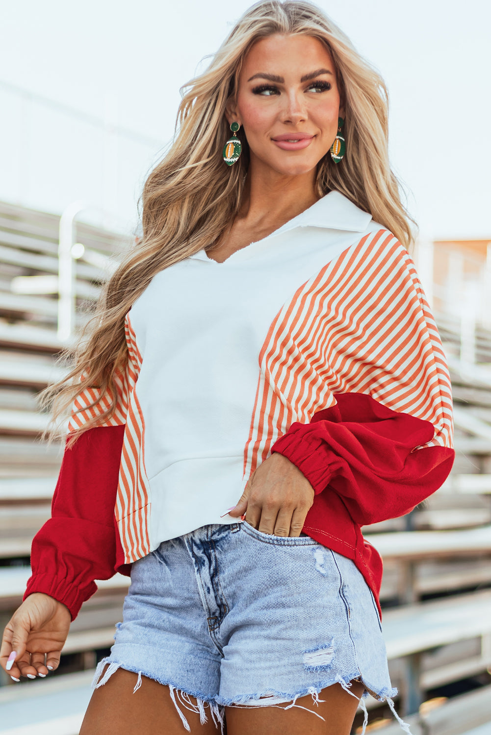 Striped Colour Block Collared V Neck Oversized Sweatshirt | White