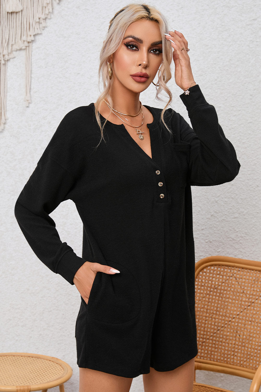 Brushed Ribbed Button Split V Neck Long Sleeve Romper | Black