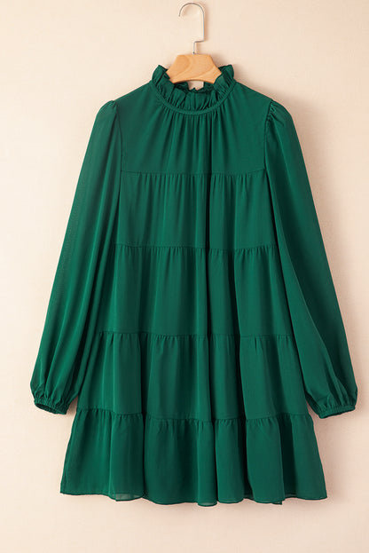 Puff Sleeve Mock Neck Back Knot Tiered Dress | Green