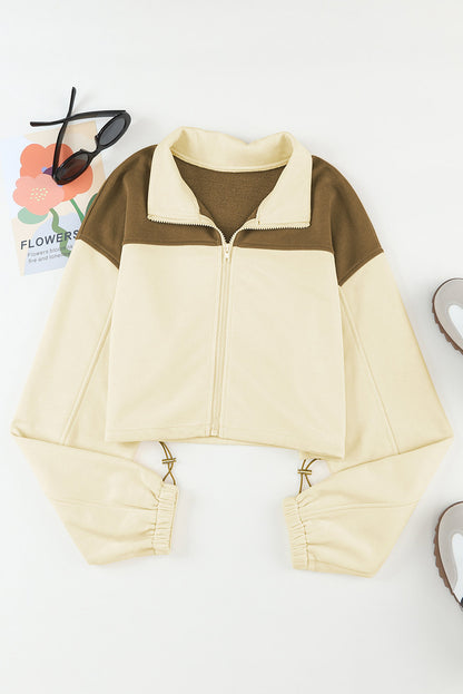 Colour Block Drawstring Cropped Athleisure Jacket | Beige