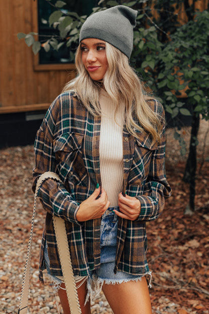 Plaid Print Chest Pockets Buttoned Shirt Jacket | Brown