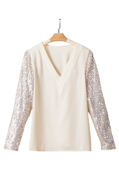 Sequined Sleeves Patchwork V Neck Blouse | White