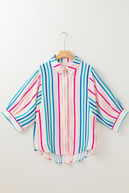 3/4 Sleeve Button Up Casual Shirt | Pink Stripe