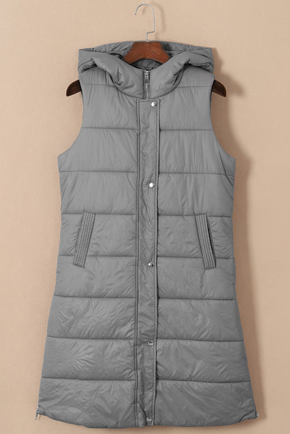 Hooded Long Quilted Vest Coat | Dark Grey