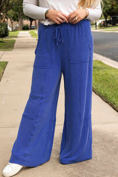 Corded Drawstring High Waist Pocket Plus Size Wide Leg Pants | Sky Blue