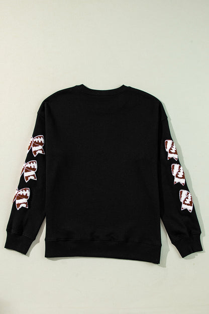 Touch Down Graphic Rugby Football Bowknot Patched Sleeve Sweatshirt | Black