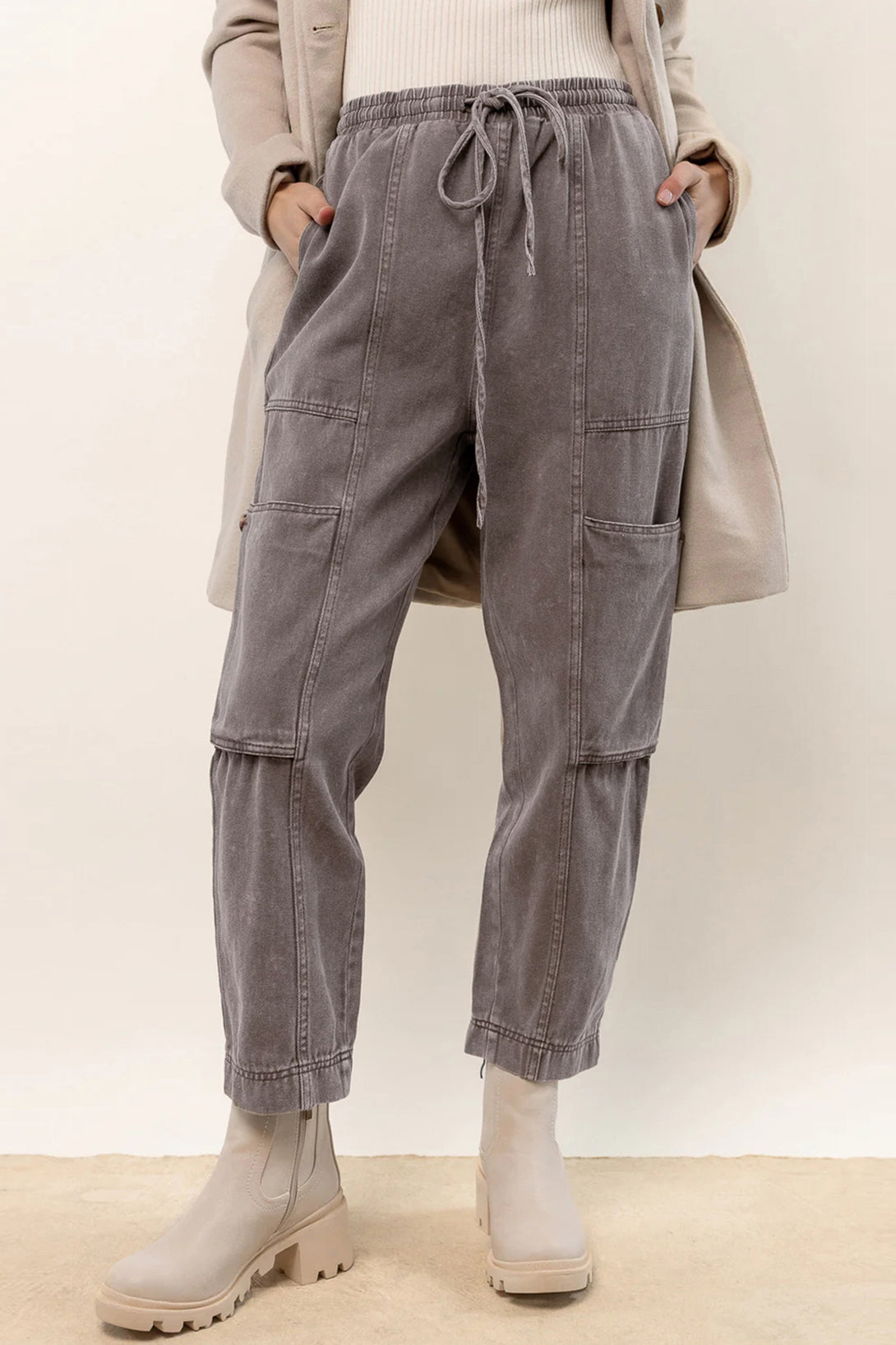 Acid Wash Multi Pocket Drawstring Waist Pants | Gray