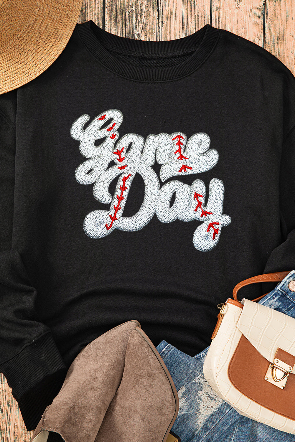 Sequined Game Day Graphic Crew Neck Sweatshirt | Black