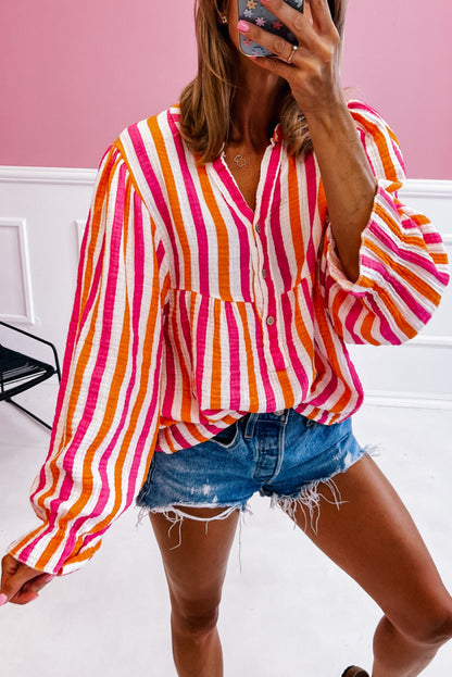 Orange Stripe Balloon Sleeve Notched V Neck Buttoned Front Blouse