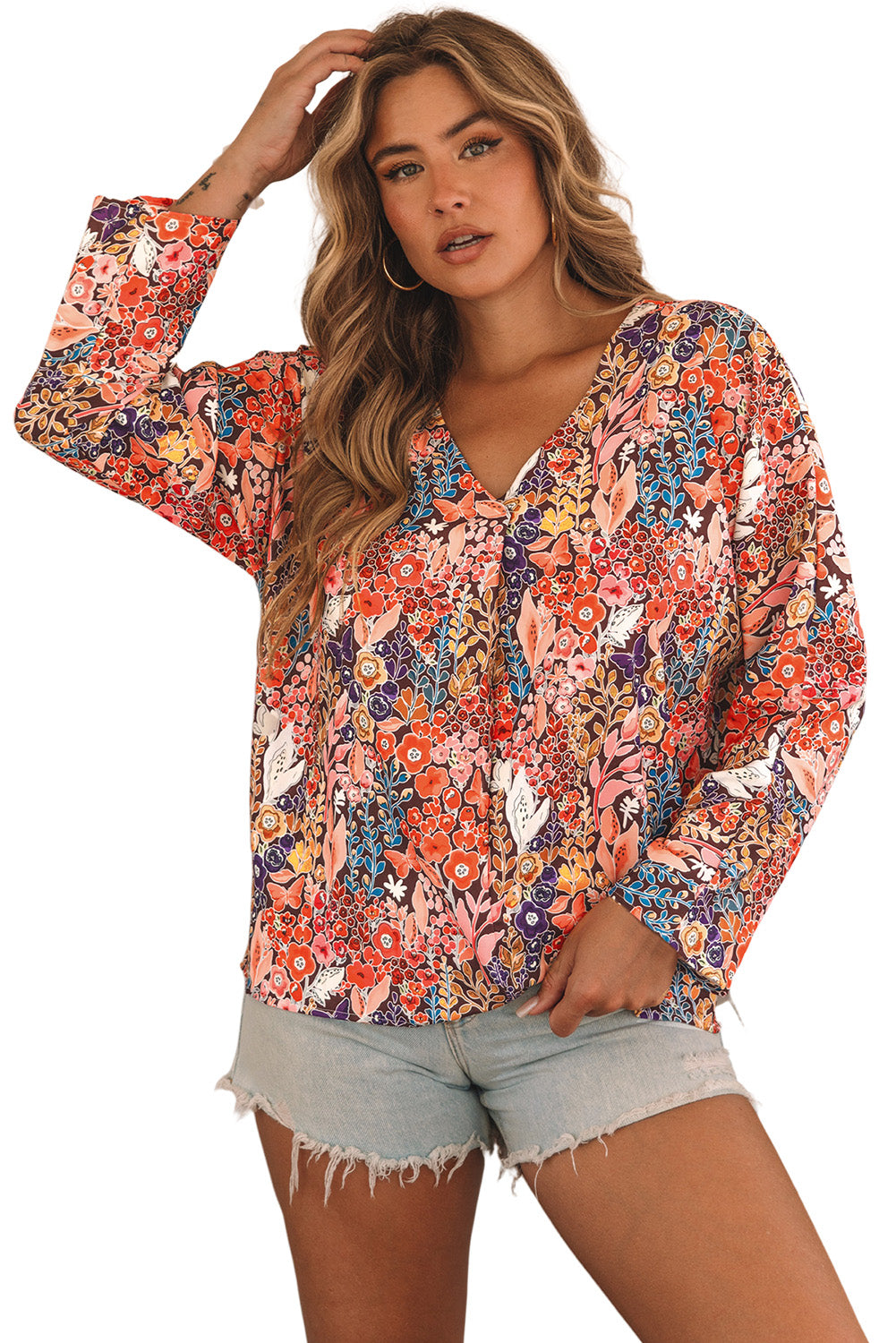 Boho Floral Long Sleeve V-Neck Blouse | Multicolour